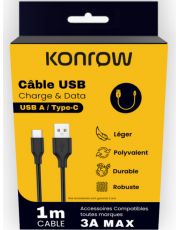 Konrow KC3IN1PB CÃ¢ble 3-en-1 MicroUSB/USB-C/Lightning 2A 1m * Noir/ LIVRAISON OFFERTE